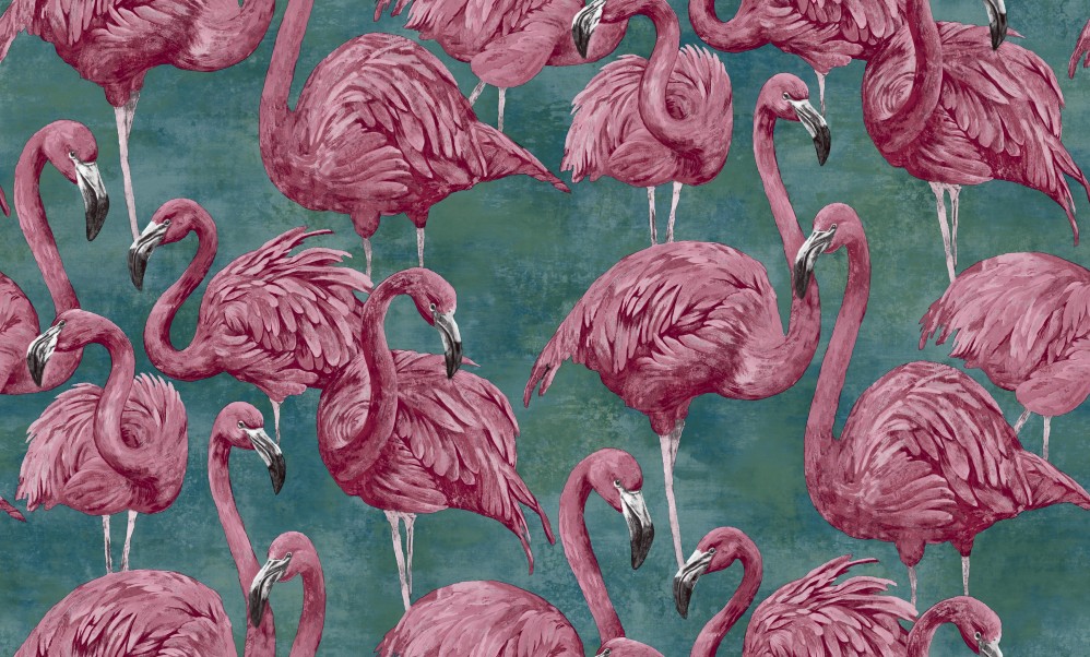 Обои зеленые с изображением розовых фламинго SIRPI винил Фламинго арт. 10364-04